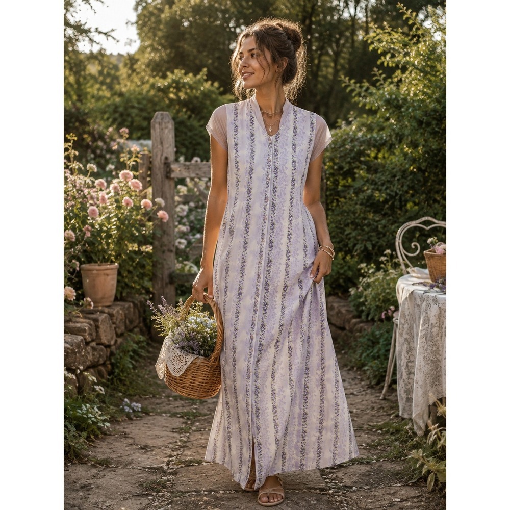 April Cornell Vintage Floral Stripe Maxi Dress Purple Mesh Sleeve Button Front M